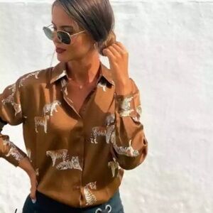 Rare Zara Satin Blouse Tiger Print S